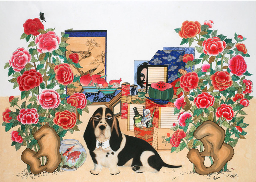 Kwak Su-yeon basset hound in flowers